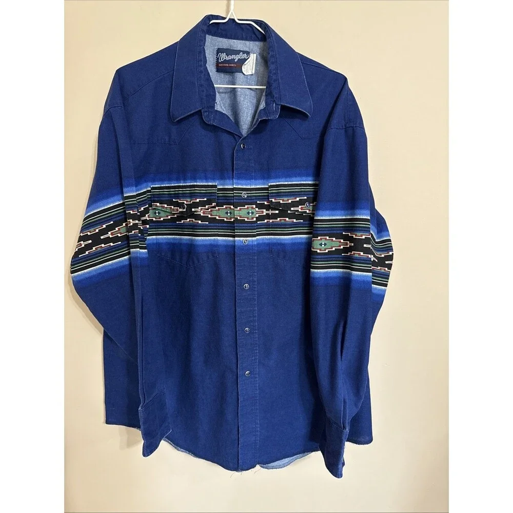 Wrangler Pearl Snap Western Shirt XL Cowboy Rodeo Aztec Southwestern Blue Vtg - Picture 1 of 9